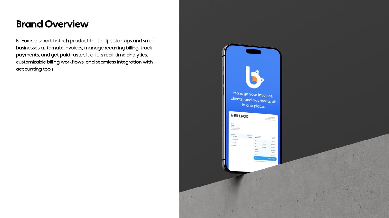 BillFox — Brand Identity, slide 1